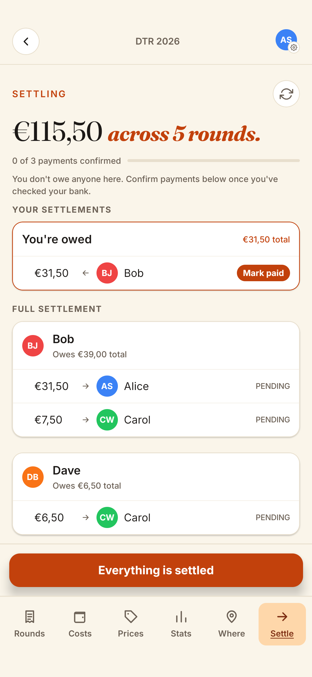 Settlement screen