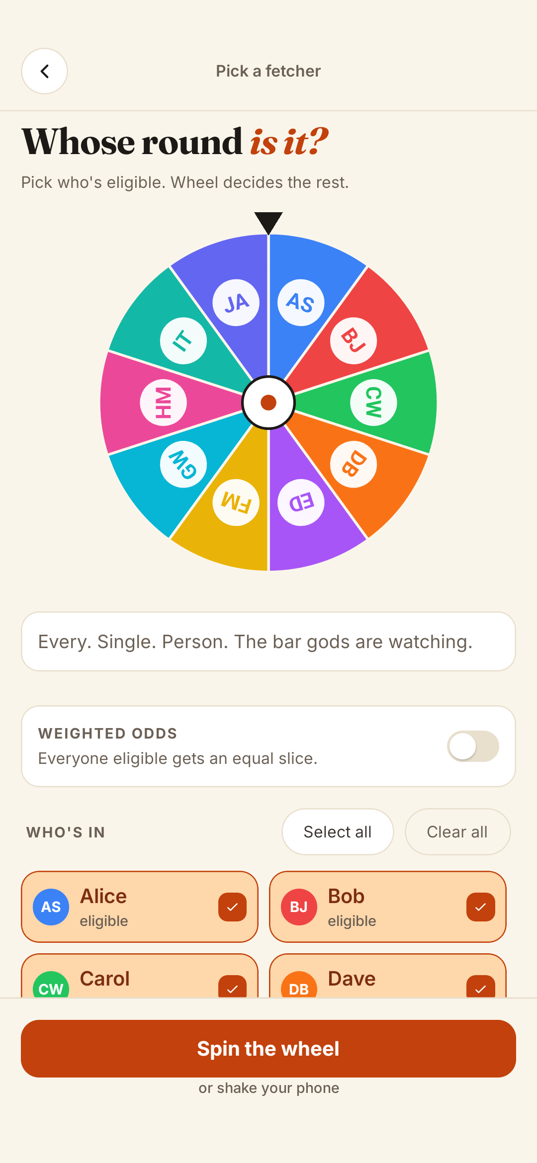 Spin the wheel screen